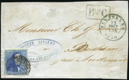 Stamp of Belgium » Belgique. 1849 Epaulettes - Émission 20c Bleu, très grandes marges avec fragments de de