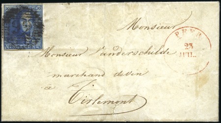Stamp of Belgium » Belgique. 1849 Epaulettes - Émission 20c Bleu, margé, oblitération de la perception 92 
