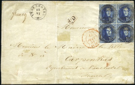 Stamp of Belgium » Belgique. 1849 Médaillons (filigrane encadré) - Émission 20c Bleu, bloc de quatre avec trois belles marges 