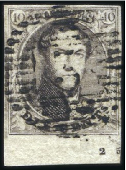 Stamp of Belgium » Belgique. 1851 Médaillons (filigrane sans cadre) - Émission 10c Brun, grand bord de feuille inférieur avec mil