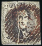 Stamp of Belgium » Belgique. 1851 Médaillons (filigrane sans cadre) - Oblitérations ROUGE: Deux 10c brun avec respectivement annulatio