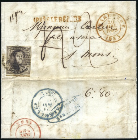Stamp of Belgium » Belgique. 1851 Médaillons (filigrane sans cadre) - Émission 10c Brun margé, oblitération de la perception 25 d