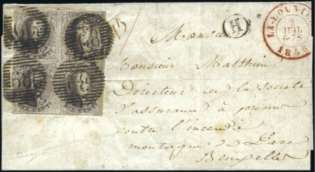 Stamp of Belgium » Belgique. 1851 Médaillons (filigrane sans cadre) - Émission 10c Brun, bloc de quatre (positions 56-57 et 66-67