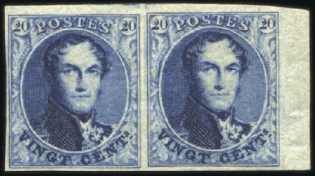 Stamp of Belgium » Belgique. 1851 Médaillons (filigrane sans cadre) - Émission 20c Bleu, paire horizontale, très bien margée avec