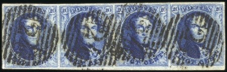 Stamp of Belgium » Belgique. 1851 Médaillons (filigrane sans cadre) - Émission 20c Bleu, bande horizontale de quatre, nuance vive