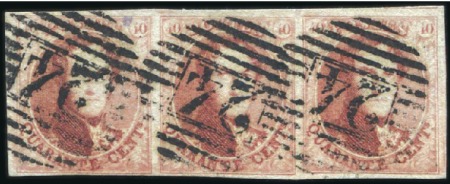 Stamp of Belgium » Belgique. 1851 Médaillons (filigrane sans cadre) - Émission 40c Rouge-brique, papier épais, en bande de trois 