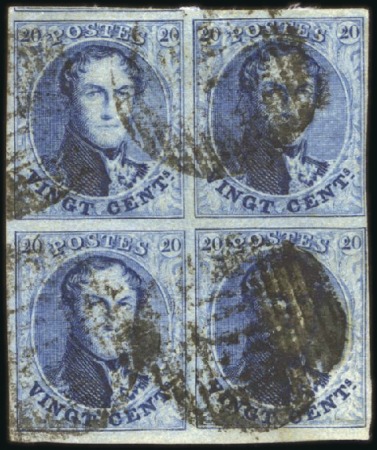 Stamp of Belgium » Belgique. 1858 Médaillons arrondis - Émission 20c Bleu, en bloc de quatre, bien margé avec fragm