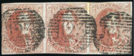 Stamp of Belgium » Belgique. 1858 Médaillons arrondis - Émission 40c Vermillon, bande de trois, belles marges, obli