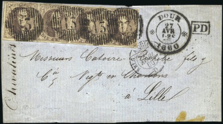 Stamp of Belgium » Belgique. 1858 Médaillons arrondis - Émission 10c Brun, bande de quatre, 1 ex. effleuré sinon bi