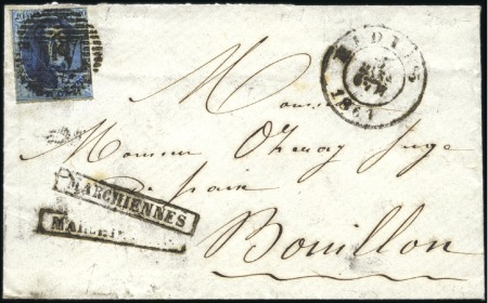 Stamp of Belgium » Belgique. 1858 Médaillons arrondis - Émission 20c bleu, touché, oblitération M.V sur petite enve