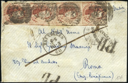 Stamp of Belgium » Belgique. 1858 Médaillons arrondis - Émission 40c Vermillon, bande de quatre lég, touchée, oblit