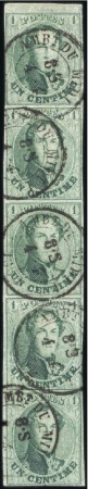 Stamp of Belgium » Belgique. 1861 Médaillons allongés - Émission 1c Vert, bande verticale de cinq (pli insignifiant
