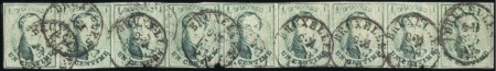 Stamp of Belgium » Belgique. 1861 Médaillons allongés - Émission 1c Vert, bande horizontale de neuf exemplaires, to