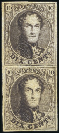 Stamp of Belgium » Belgique. 1861 Médaillons allongés - Émission 10c Brun, paire verticale très bien margée, l'exem