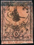 Stamp of Turkey » Tughra Issue » 1863-65 1st Printing: Narrow Spaced, Thin Paper 5pi black on rose (shades),three unused and one us