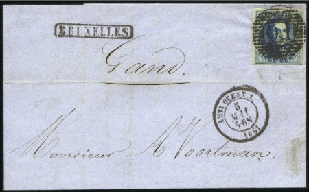 Stamp of Belgium » Belgique. 1861 Médaillons allongés - Émission 20c Bleu, bien margé, oblitération Ouest I sur pli