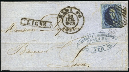 Stamp of Belgium » Belgique. 1861 Médaillons allongés - Émission 20c Bleu, bien margé, oblitération M IV sur pli du