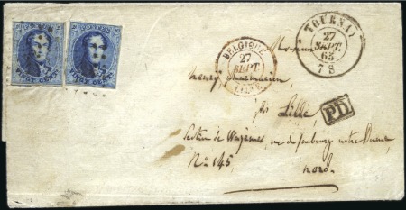 Stamp of Belgium » Belgique. 1861 Médaillons allongés - Émission 20c Bleu, deux exemplaires (l'un margé, l'autre to