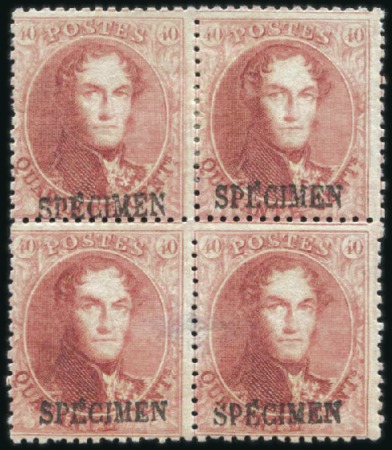 Stamp of Belgium » Belgique. 1863 Médaillons dentelés 14 1/2 40c Carmin-rose, bloc de quatre avec surcharge SPE