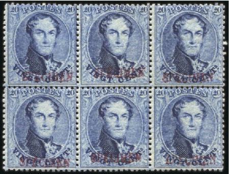 Stamp of Belgium » Belgique. 1863 Médaillons dentelés 14 1/2 20c Bleu, bloc de six horizontale, surchargée SPEC