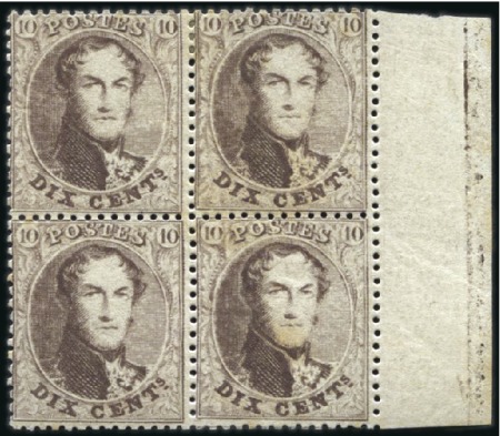 Stamp of Belgium » Belgique. 1863 Médaillons dentelés 14 1/2 10c Brun, en bloc de quatre avec bord de feuille, 