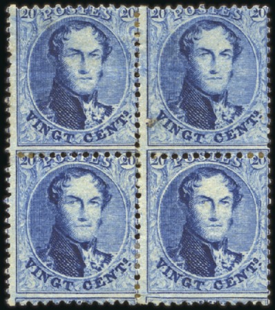 Stamp of Belgium » Belgique. 1863 Médaillons dentelés 12 1/2 : 13 1/2 20c Bleu, en bloc de quatre, positions 252-253 et 