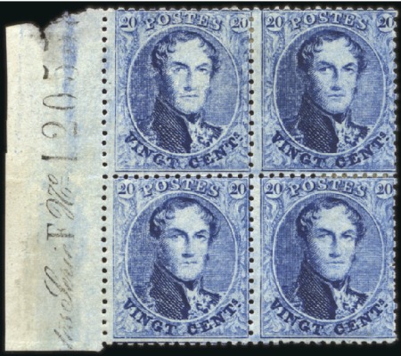 Stamp of Belgium » Belgique. 1863 Médaillons dentelés 14 1/2 20c Bleu, en bloc de quatre, bord de feuille latér