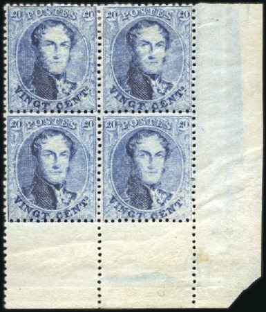 Stamp of Belgium » Belgique. 1863 Médaillons dentelés 14 1/2 20c Bleu, en bloc de quatre avec coin de feuille, 