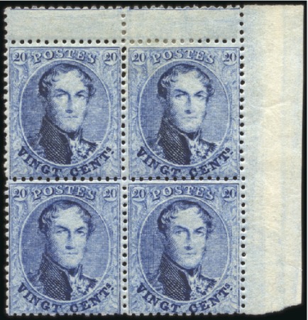 Stamp of Belgium » Belgique. 1863 Médaillons dentelés 14 1/2 20c Bleu, en bloc de quatre avec bord de feuille l