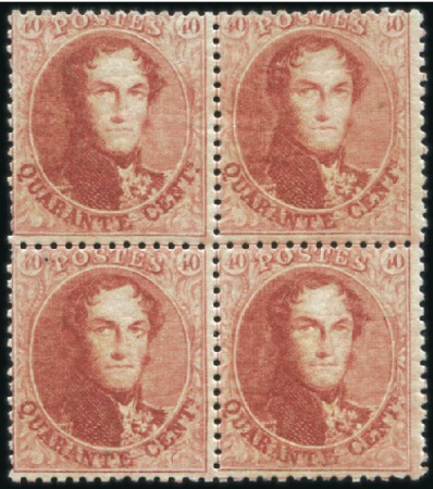 Stamp of Belgium » Belgique. 1863 Médaillons dentelés 14 1/2 40c Carmin-rose, bloc de quatre, neuf avec gomme o