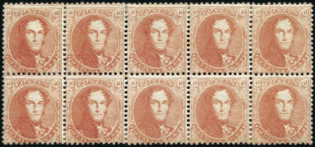 Stamp of Belgium » Belgique. 1863 Médaillons dentelés 12 1/2 : 13 1/2 40c Carmin-rose, bloc de dix, positions 112-116 et