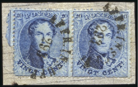 Stamp of Belgium » Belgique. 1863 Médaillons dentelés 14 1/2 20c Bleu, en paire, oblitération AFFR. INSUFF. 293