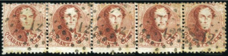 Stamp of Belgium » Belgique. 1863 Médaillons dentelés 12 1/2 40c Carmin-rose en bande de cinq, positions 296-30