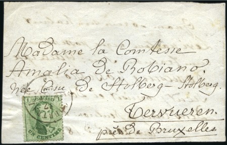 Stamp of Belgium » Belgique. 1863 Médaillons dentelés 14 1/2 1c Vert-jaune, oblitération du càd de Courtrai sur