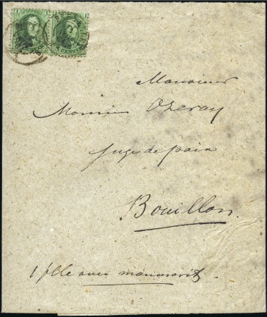 Stamp of Belgium » Belgique. 1863 Médaillons dentelés 12 1/2 : 13 1/2 1c Vert-jaune, en paire avec oblitération du cache