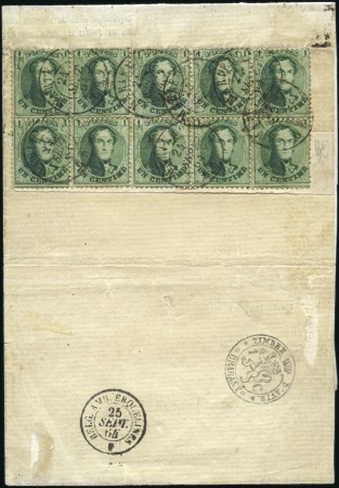 Stamp of Belgium » Belgique. 1863 Médaillons dentelés 12 1/2 : 13 1/2 1c Vert foncé, BLOC DE DIX, oblitération du cachet