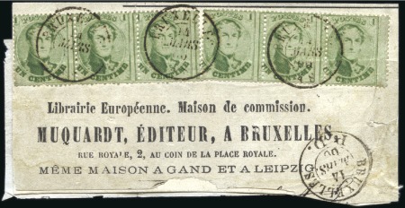 Stamp of Belgium » Belgique. 1863 Médaillons dentelés 14 1/2 1c Vert-jaune, en deux bandes de trois, oblitérati