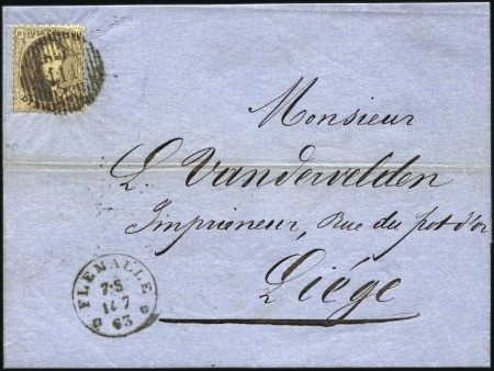 Stamp of Belgium » Belgique. 1863 Médaillons dentelés 12 1/2 10c Brun, oblitération de la distribution 111 de F