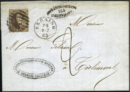 Stamp of Belgium » Belgique. 1863 Médaillons dentelés 12 1/2 10c Brun, oblitération à 8 barres 185 de Seraing s