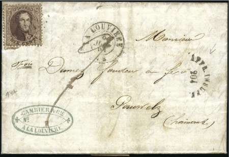 Stamp of Belgium » Belgique. 1863 Médaillons dentelés 12 1/2 : 13 1/2 10c Brun, oblitération losange de points 204 de La