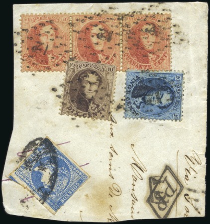 Stamp of Belgium » Belgique. 1863 Médaillons dentelés 12 1/2 : 13 1/2 40c en bande de trois plus 20c et 10c (ce dernier 