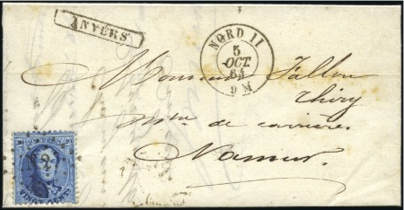 Stamp of Belgium » Belgique. 1863 Médaillons dentelés 12 1/2 20c Bleu, oblitération de l'ambulant N 2 sur lettr