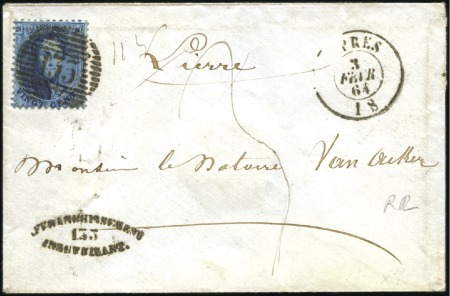 Stamp of Belgium » Belgique. 1863 Médaillons dentelés 12 1/2 : 13 1/2 20c Bleu, oblitération de la perception 133 de Ypr