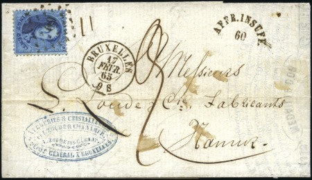Stamp of Belgium » Belgique. 1863 Médaillons dentelés 12 1/2 : 13 1/2 20c Bleu, oblitération losange de points 60 de Bru