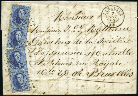 Stamp of Belgium » Belgique. 1863 Médaillons dentelés 14 1/2 20c Bleu, deux paires verticales (une avec pli), o