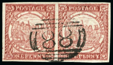 Stamp of Australia » New South Wales 1850 1d Dull Carmine pl.2 pos.18-19 pair showing a striking double impression