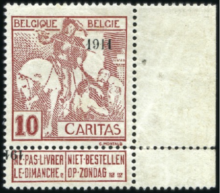 Stamp of Belgium » General issues from 1894 onwards 1911 Caritas, type Montald, 10c+10c carmin, DOUBLE
