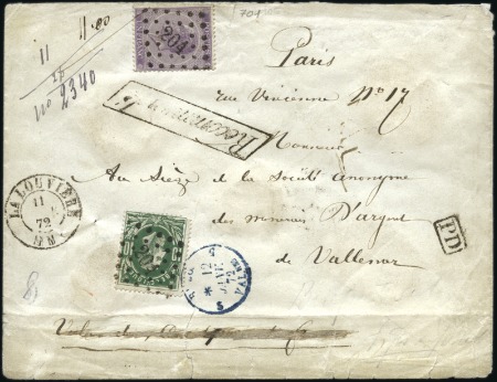Stamp of Belgium » Belgique. Léopold 1er - Nouveau Type - Affranchissements mixtes, composés, etc. 1F violet en combinaison avec un 10c vert de 1869 