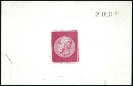 Stamp of Belgium » Belgique. 1883 Nouvelles valeurs - La Genèse Épreuve de l'effigie en carmin violacé sur fond li