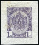 Stamp of Belgium » Belgique. 1893-1900 Armoiries du Royaume et Léopold II fine barbe - La Genèse Épreuves du 1c en vermillon et en lilas sur papier